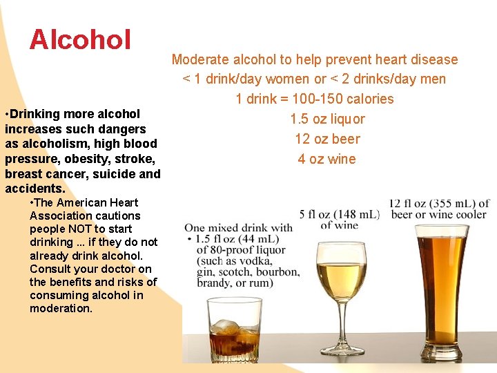 Alcohol Moderate alcohol to help prevent heart disease < 1 drink/day women or <