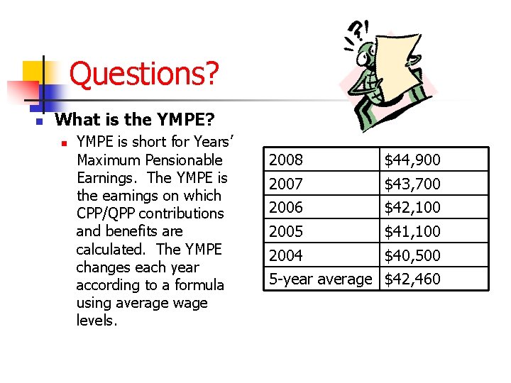 Questions? n What is the YMPE? n YMPE is short for Years’ Maximum Pensionable