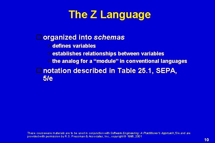 The Z Language organized into schemas defines variables establishes relationships between variables the analog