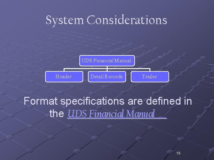 System Considerations UDS Financial Manual Header Detail Records Trailer Format specifications are defined in