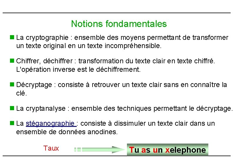 Notions fondamentales n La cryptographie : ensemble des moyens permettant de transformer un texte Notions fondamentales n La cryptographie : ensemble des moyens permettant de transformer un texte
