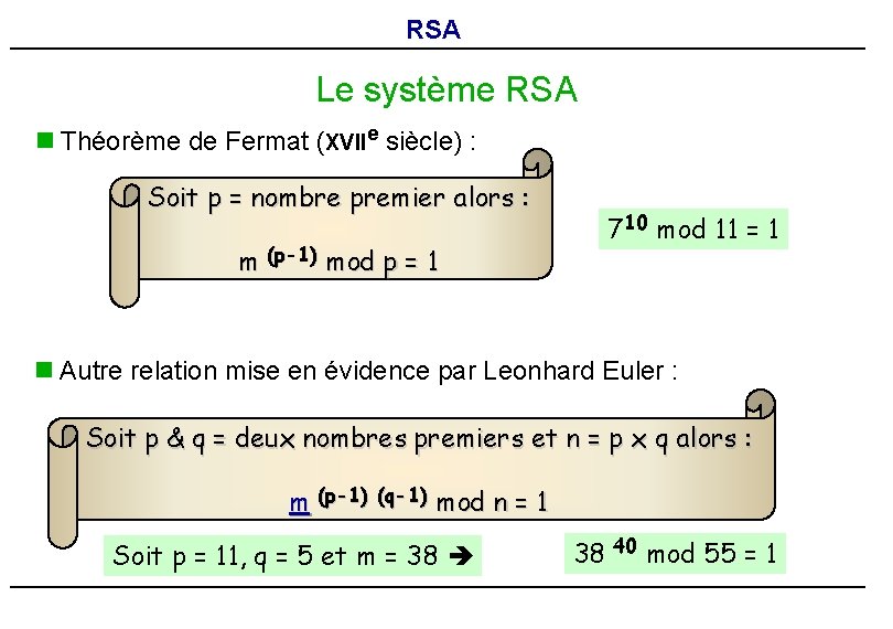 RSA Le système RSA n Théorème de Fermat (XVIIe siècle) : Soit p = RSA Le système RSA n Théorème de Fermat (XVIIe siècle) : Soit p =