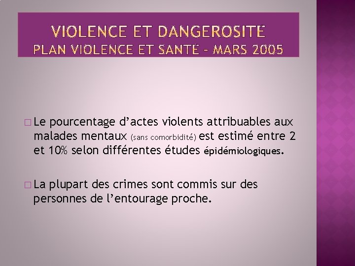 � Le pourcentage d’actes violents attribuables aux malades mentaux (sans comorbidité) estimé entre 2