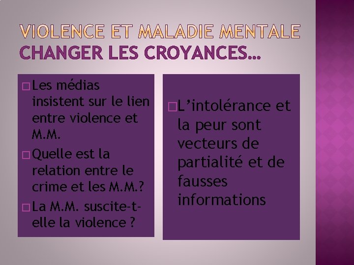 CHANGER LES CROYANCES… � Les médias insistent sur le lien entre violence et M.