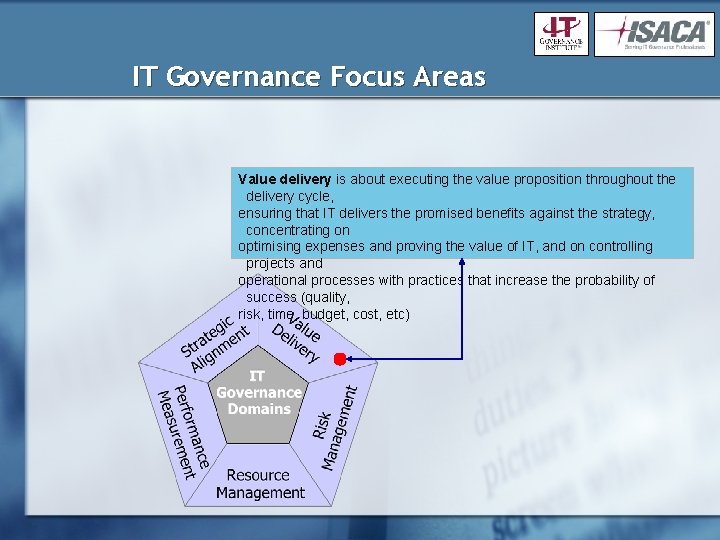 IT Governance Focus Areas Value delivery is about executing the value proposition throughout the