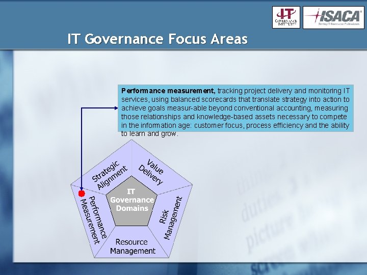 IT Governance Focus Areas Performance measurement, tracking project delivery and monitoring IT services, using