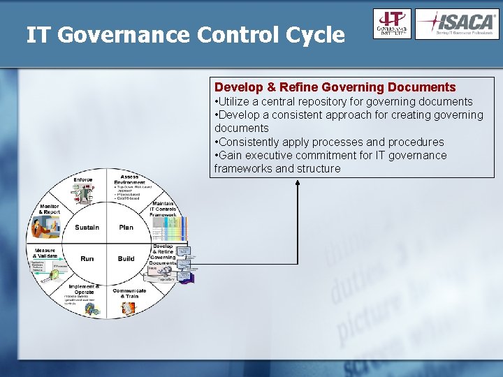 IT Governance Control Cycle Develop & Refine Governing Documents • Utilize a central repository
