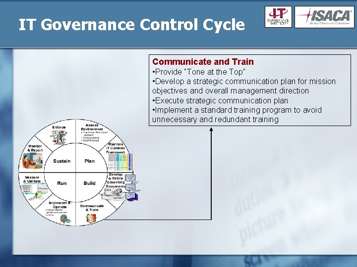 IT Governance Control Cycle Communicate and Train • Provide “Tone at the Top” •