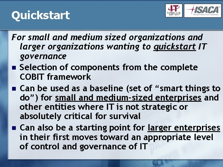 Quickstart For small and medium sized organizations and larger organizations wanting to quickstart IT