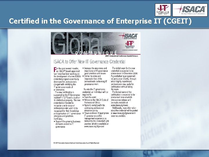 Certified in the Governance of Enterprise IT (CGEIT) 