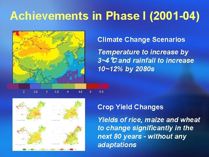 Achievements in Phase I (2001 -04) Climate Change Scenarios Temperature to increase by 3~4℃