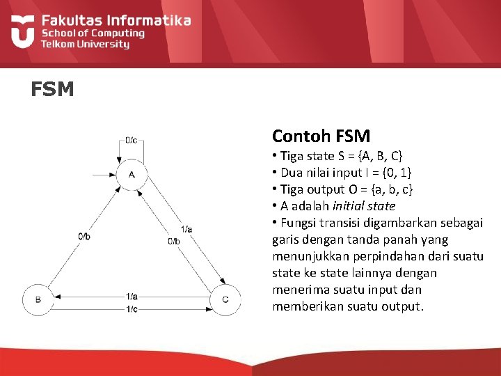 FSM Contoh FSM • Tiga state S = {A, B, C} • Dua nilai