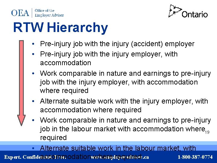 RTW Hierarchy • Pre-injury job with the injury (accident) employer • Pre-injury job with