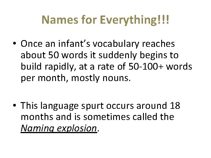 Names for Everything!!! • Once an infant’s vocabulary reaches about 50 words it suddenly