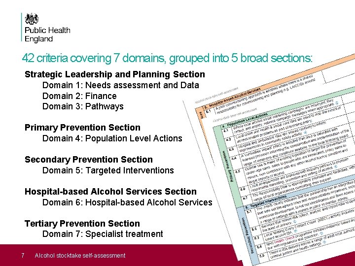 42 criteria covering 7 domains, grouped into 5 broad sections: Strategic Leadership and Planning