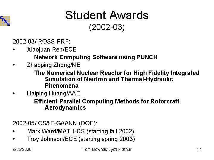 Student Awards (2002 -03) 2002 -03/ ROSS-PRF: • Xiaojuan Ren/ECE Network Computing Software using