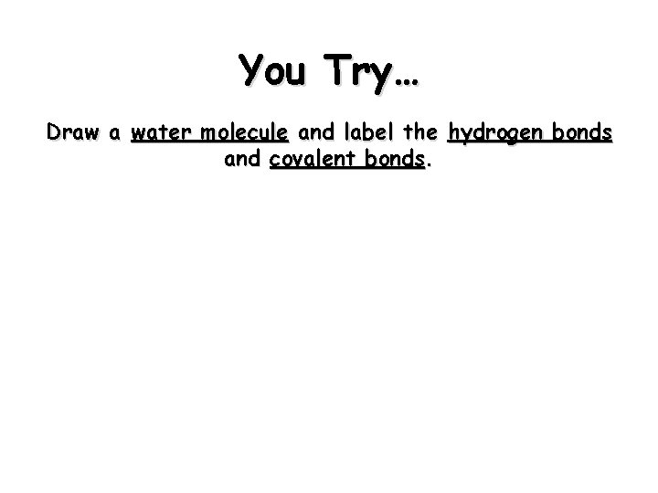 You Try… Draw a water molecule and label the hydrogen bonds and covalent bonds.