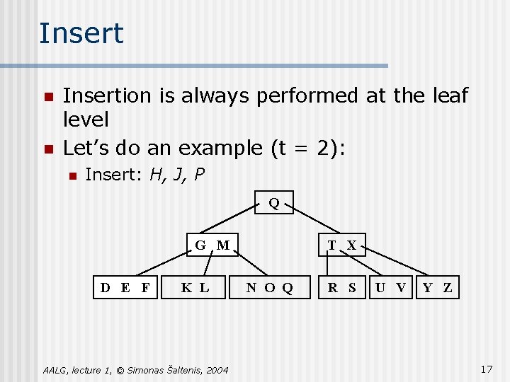 Insert n n Insertion is always performed at the leaf level Let’s do an Insert n n Insertion is always performed at the leaf level Let’s do an