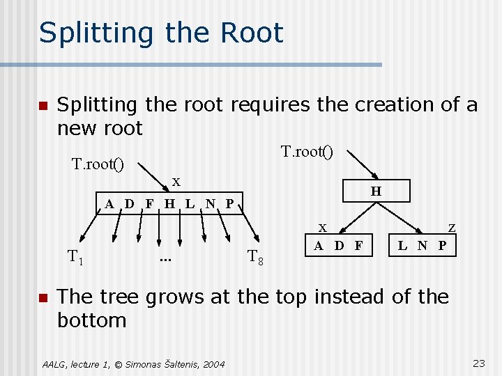 Splitting the Root n Splitting the root requires the creation of a new root Splitting the Root n Splitting the root requires the creation of a new root