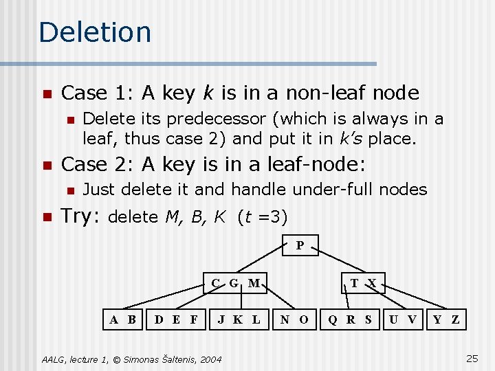 Deletion n Case 1: A key k is in a non-leaf node n n Deletion n Case 1: A key k is in a non-leaf node n n