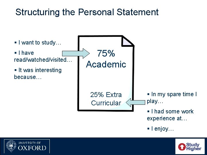 Structuring the Personal Statement § I want to study… § I have read/watched/visited… § Structuring the Personal Statement § I want to study… § I have read/watched/visited… §