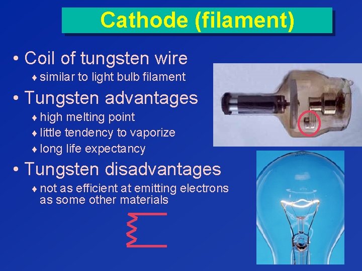 Cathode (filament) • Coil of tungsten wire ¨ similar to light bulb filament •