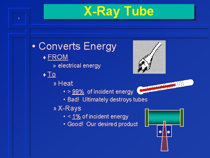 X-Ray Tube * • Converts Energy ¨ FROM » electrical energy ¨ To »