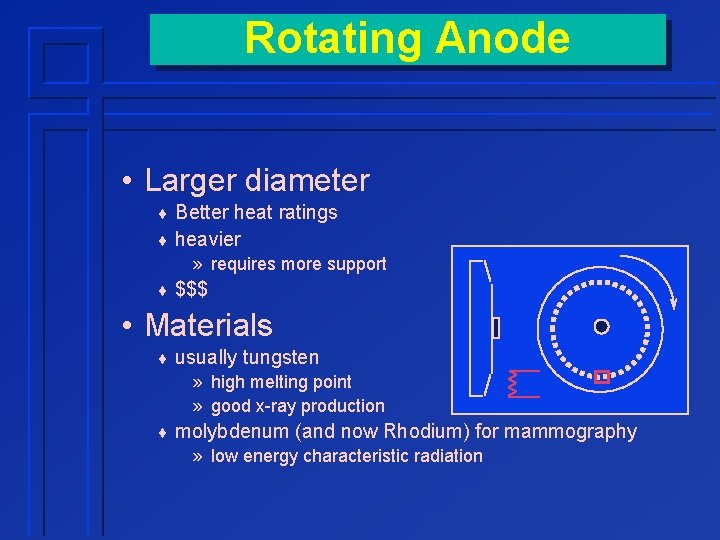 Rotating Anode • Larger diameter ¨ Better heat ratings ¨ heavier » requires more