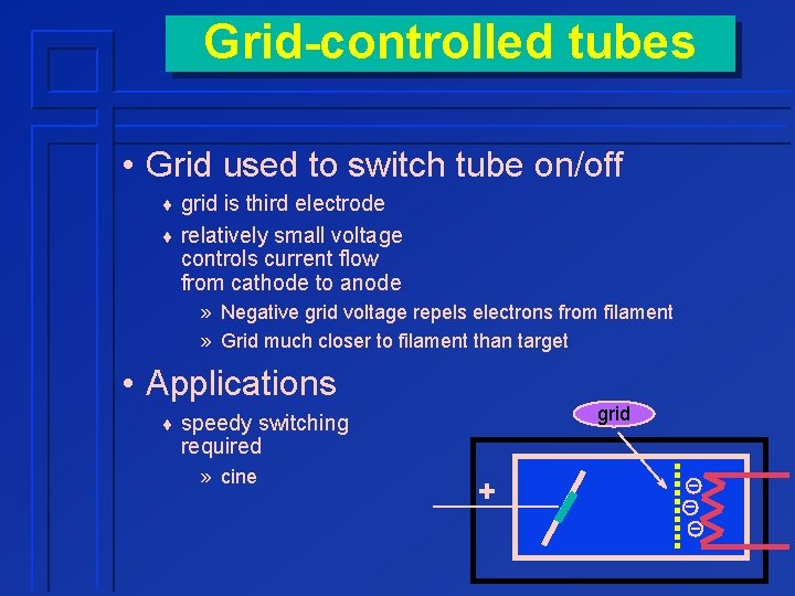 Grid-controlled tubes • Grid used to switch tube on/off ¨ grid is third electrode