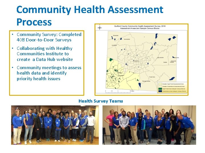 Community Health Assessment Process • Community Survey: Completed 408 Door-to-Door Surveys • Collaborating with