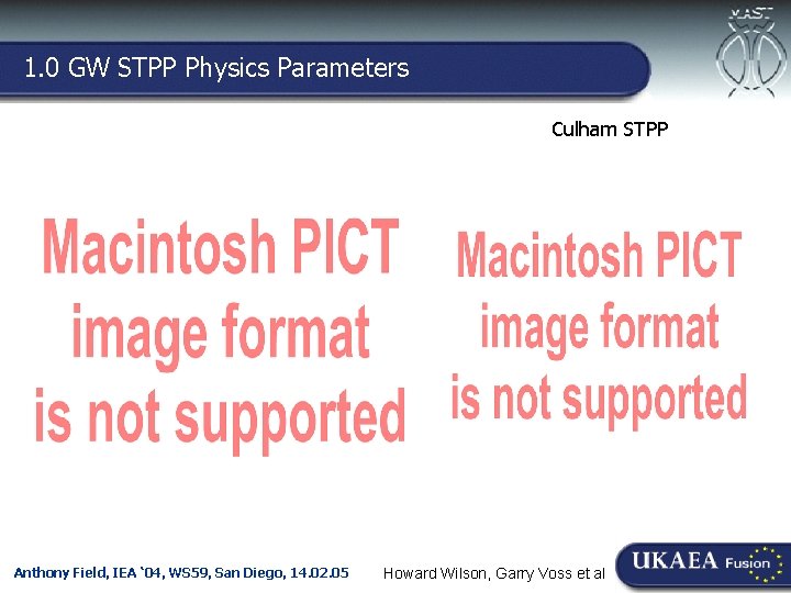 1. 0 GW STPP Physics Parameters Culham-Ioffe Symposium, 30. 11. 04 Culham STPP Anthony