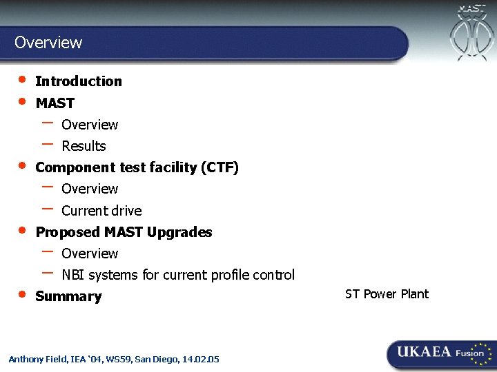 Overview • • • Culham-Ioffe Symposium, 30. 11. 04 Introduction MAST – – Overview