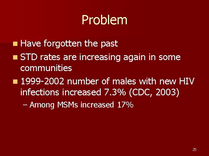 Problem n Have forgotten the past n STD rates are increasing again in some