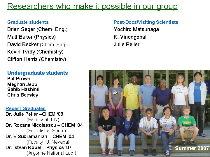 Researchers who make it possible in our group Graduate students Post-Docs/Visiting Scientists Brian Seger