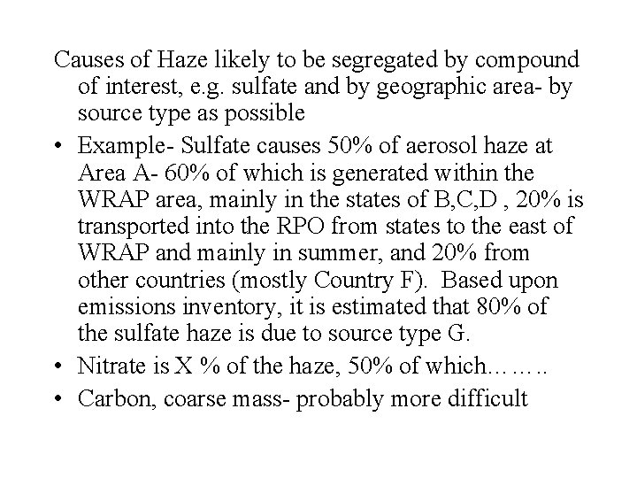 Causes of Haze likely to be segregated by compound of interest, e. g. sulfate