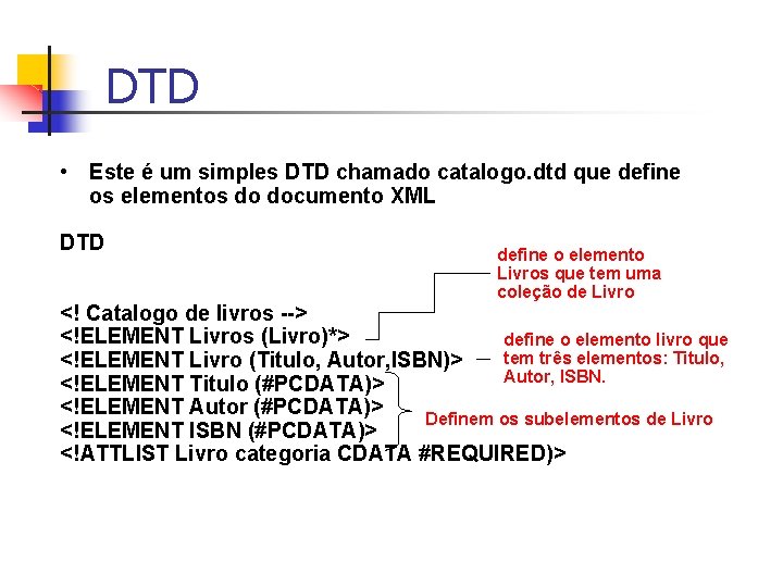 DTD • Este é um simples DTD chamado catalogo. dtd que define os elementos DTD • Este é um simples DTD chamado catalogo. dtd que define os elementos