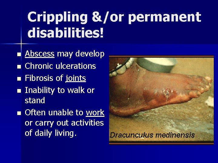 Crippling &/or permanent disabilities! n n n Abscess may develop Chronic ulcerations Fibrosis of