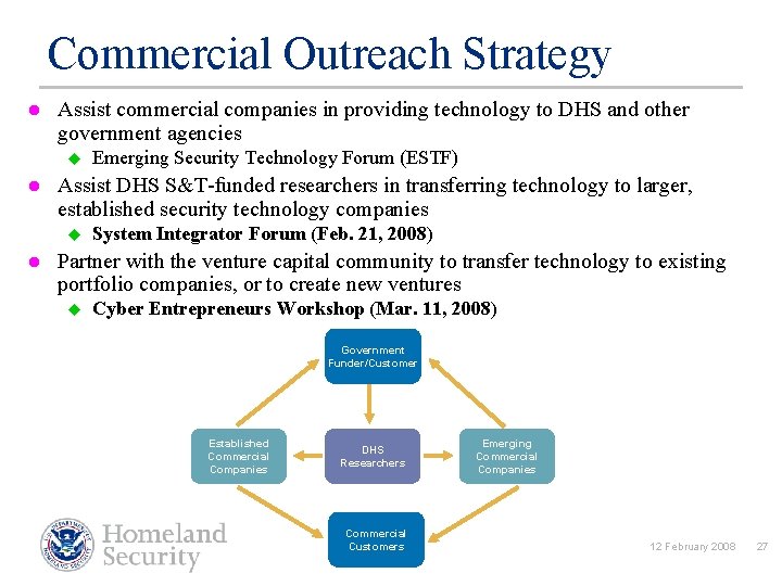 Commercial Outreach Strategy l Assist commercial companies in providing technology to DHS and other