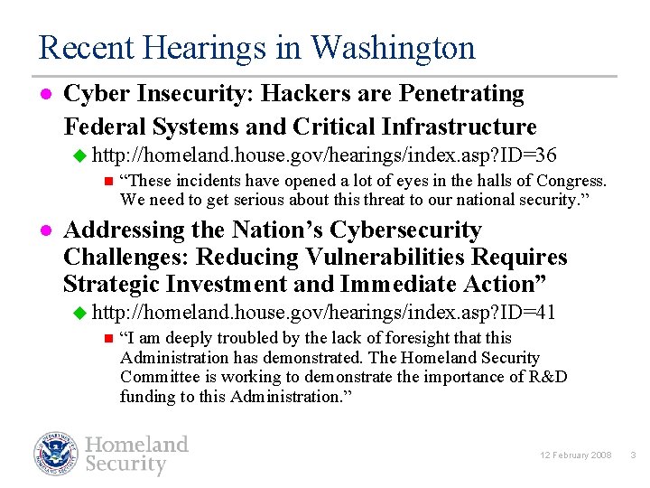 Recent Hearings in Washington l Cyber Insecurity: Hackers are Penetrating Federal Systems and Critical