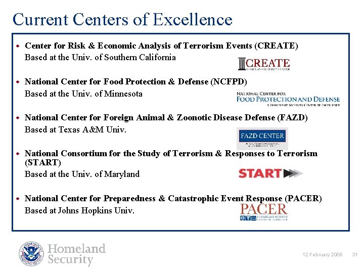 Current Centers of Excellence w Center for Risk & Economic Analysis of Terrorism Events