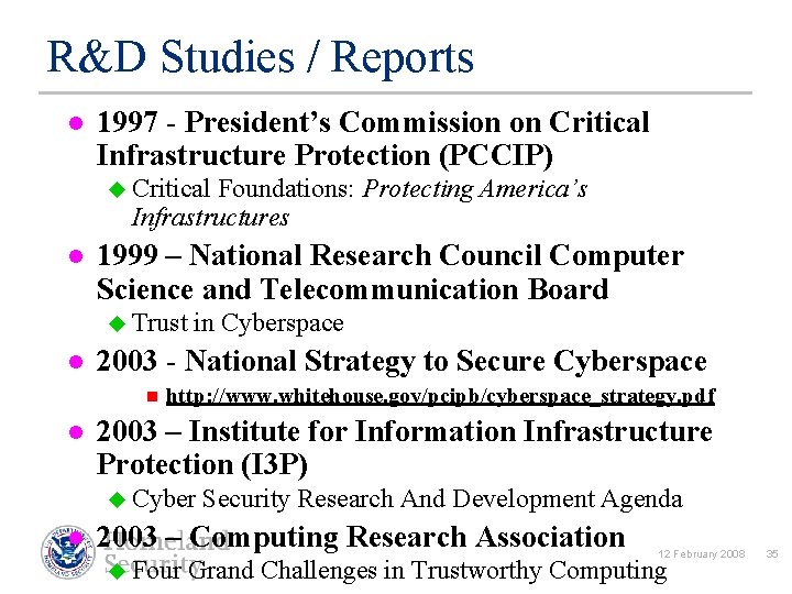 R&D Studies / Reports l 1997 - President’s Commission on Critical Infrastructure Protection (PCCIP)