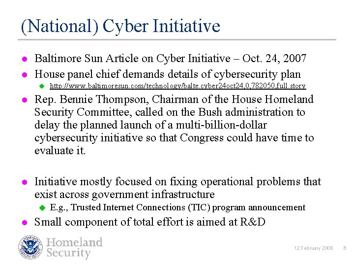 (National) Cyber Initiative l l Baltimore Sun Article on Cyber Initiative – Oct. 24,