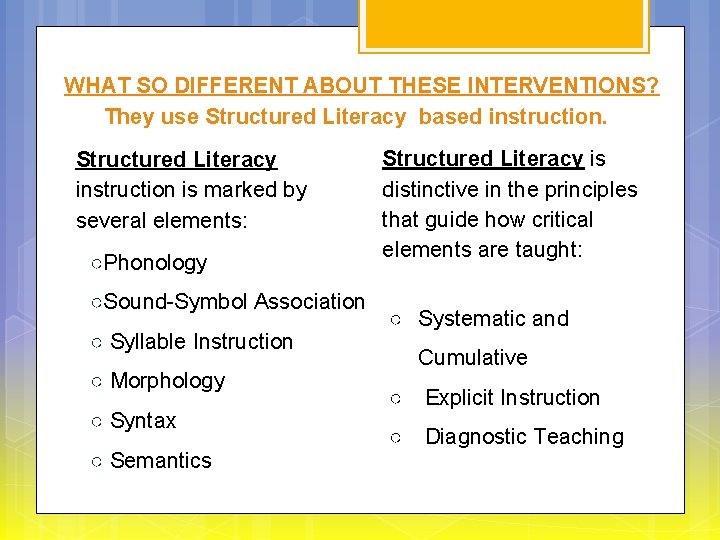 WHAT SO DIFFERENT ABOUT THESE INTERVENTIONS? They use Structured Literacy based instruction. Structured Literacy