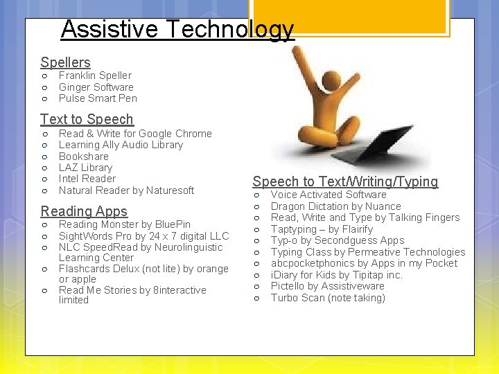 Assistive Technology Spellers ○ ○ ○ Franklin Speller Ginger Software Pulse Smart Pen Text