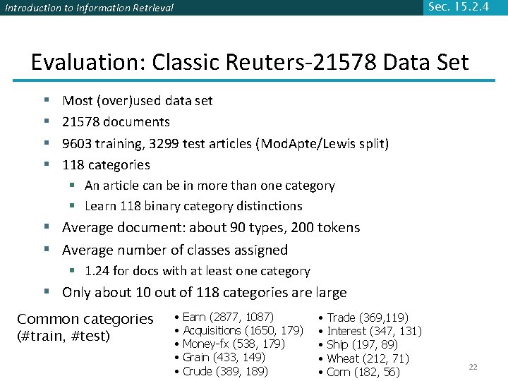 Sec. 15. 2. 4 Introduction to Information Retrieval Evaluation: Classic Reuters-21578 Data Set Most Sec. 15. 2. 4 Introduction to Information Retrieval Evaluation: Classic Reuters-21578 Data Set Most
