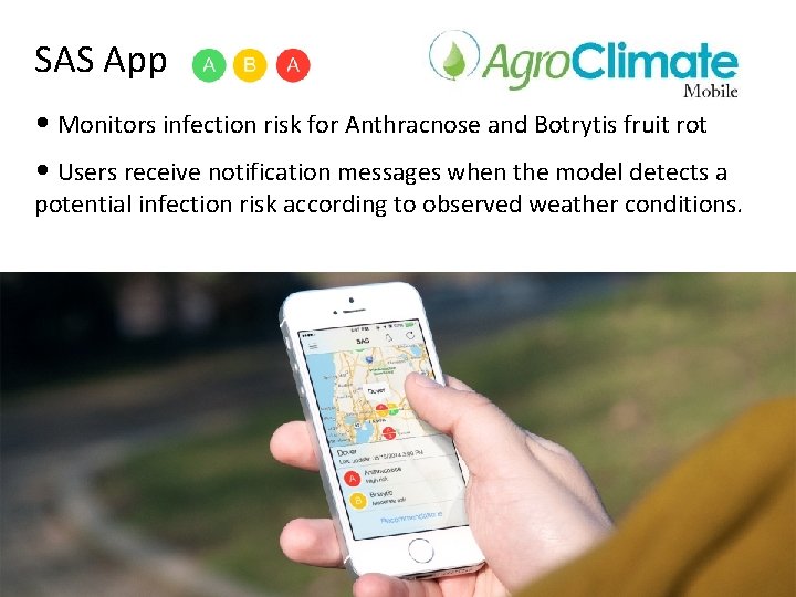 SAS App • Monitors infection risk for Anthracnose and Botrytis fruit rot • Users SAS App • Monitors infection risk for Anthracnose and Botrytis fruit rot • Users