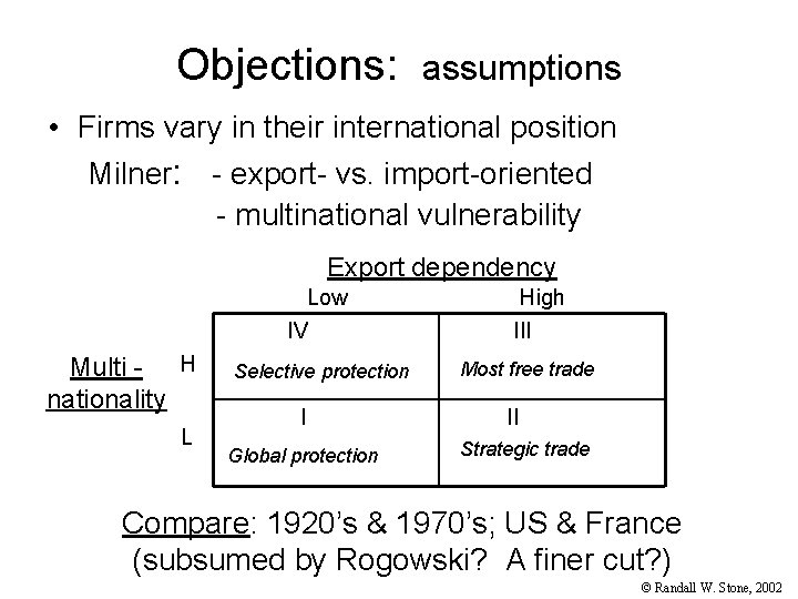 Objections: assumptions • Firms vary in their international position Milner: - export- vs. import-oriented