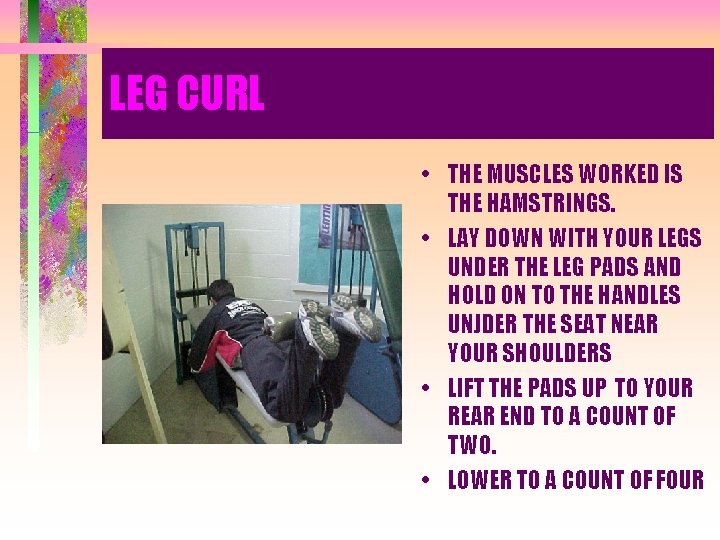 LEG CURL • THE MUSCLES WORKED IS THE HAMSTRINGS. • LAY DOWN WITH YOUR