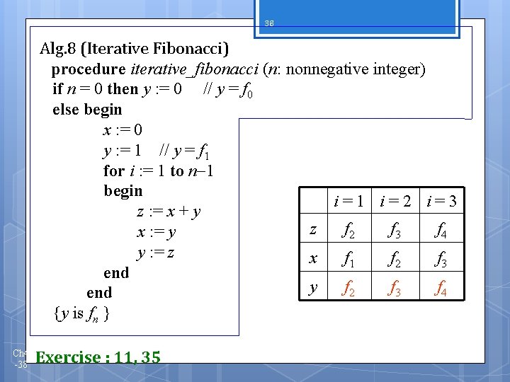 38 Alg. 8 (Iterative Fibonacci) procedure iterative_fibonacci (n: nonnegative integer) if n = 0