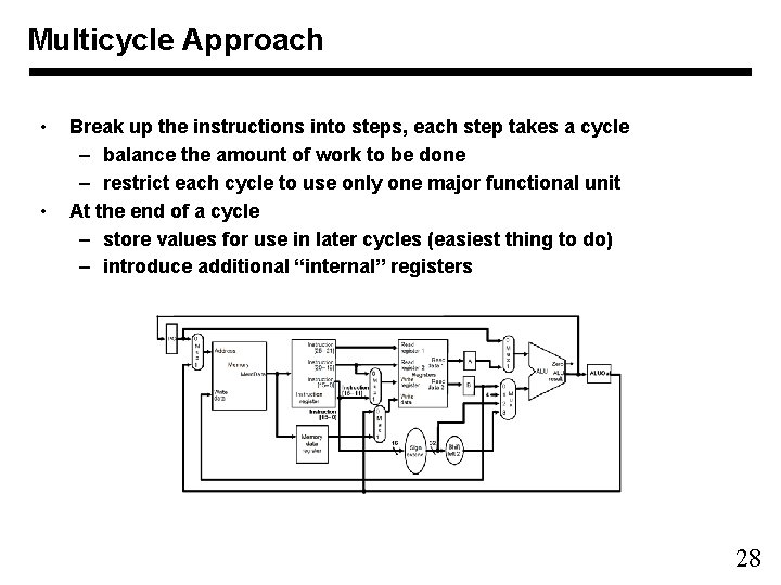 Multicycle Approach • • Break up the instructions into steps, each step takes a